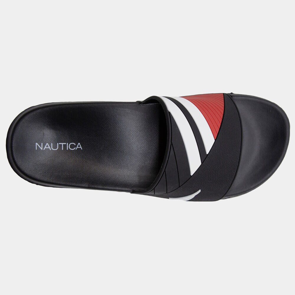 COLORBLOCK LOGO EMBOSSED STRIPE SLIDE SANDALS,True Black,large
