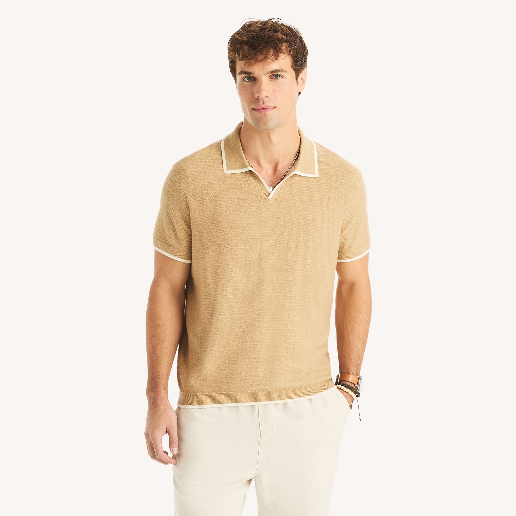 Tipped Textured Sweater Polo,Tuscany Tan,large