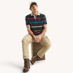 Classic Fit Striped Rugby Polo,Navy,large