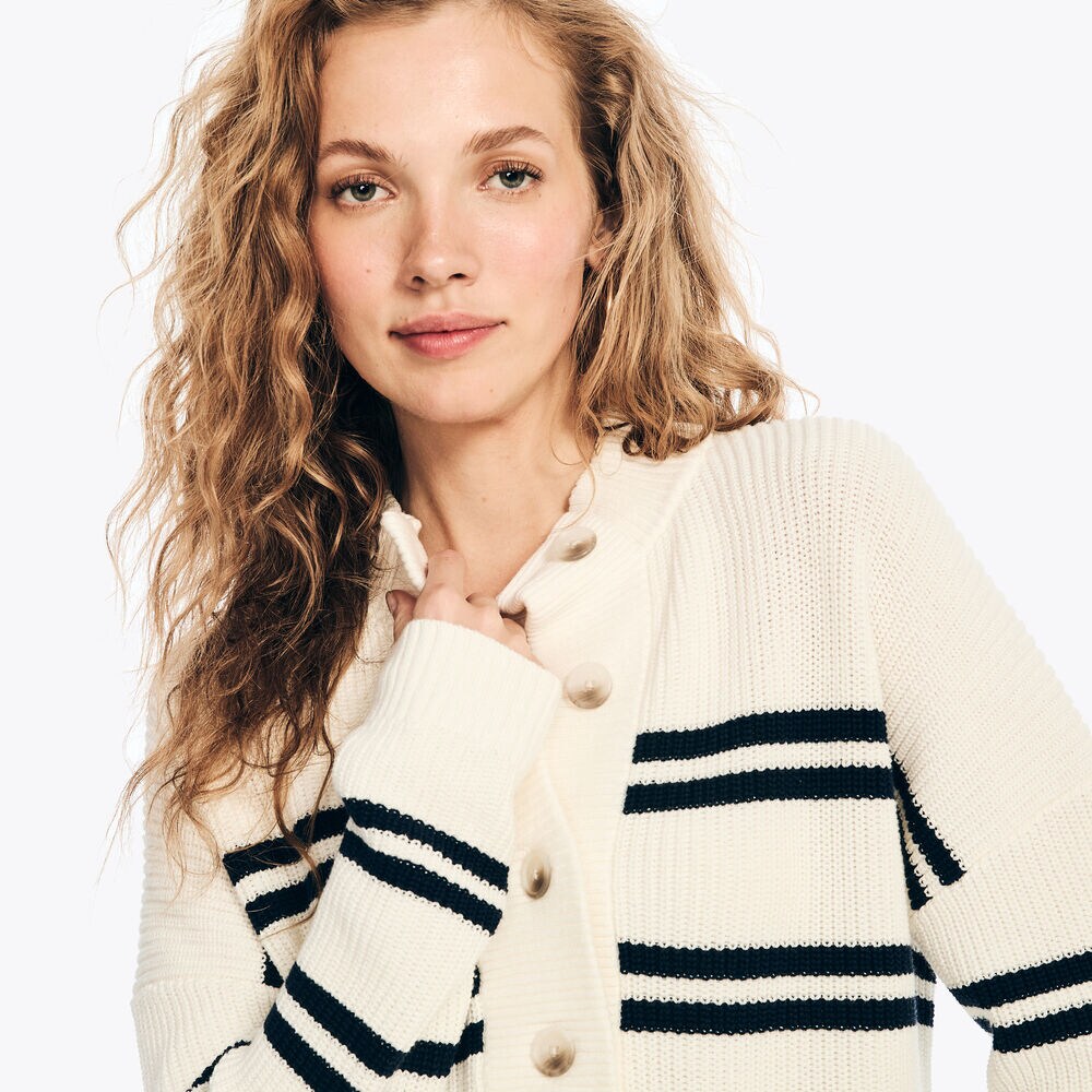 Striped Half Cardigan Henley Sweater,Marshmallow,large