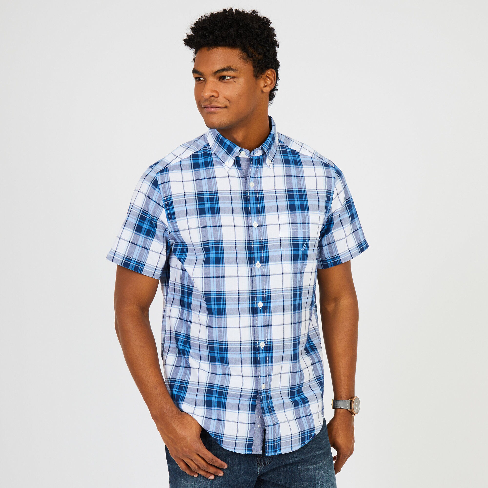 Plaid Short Sleeve Button-Down Shirt,Riviera Blue,large