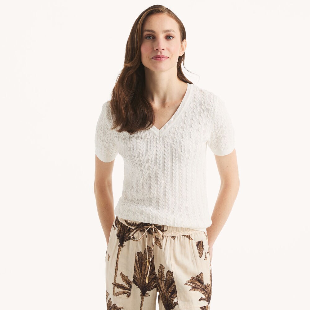 Cable-Knit Short-Sleeve Sweater,Shell,large