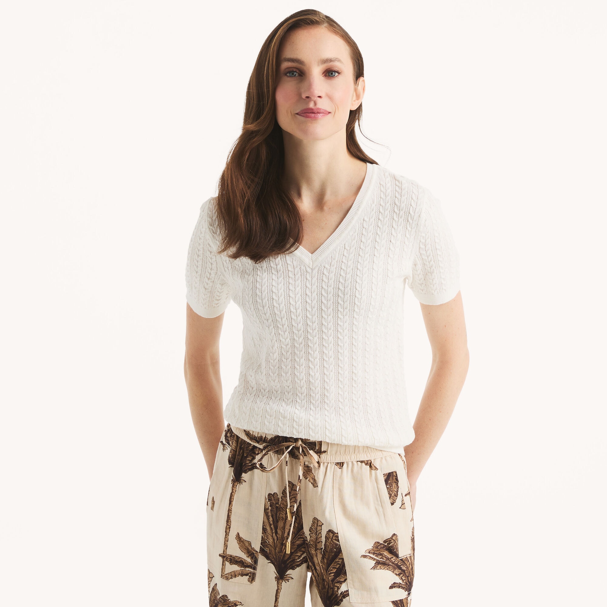 Cable-Knit Short-Sleeve Sweater,Shell,large