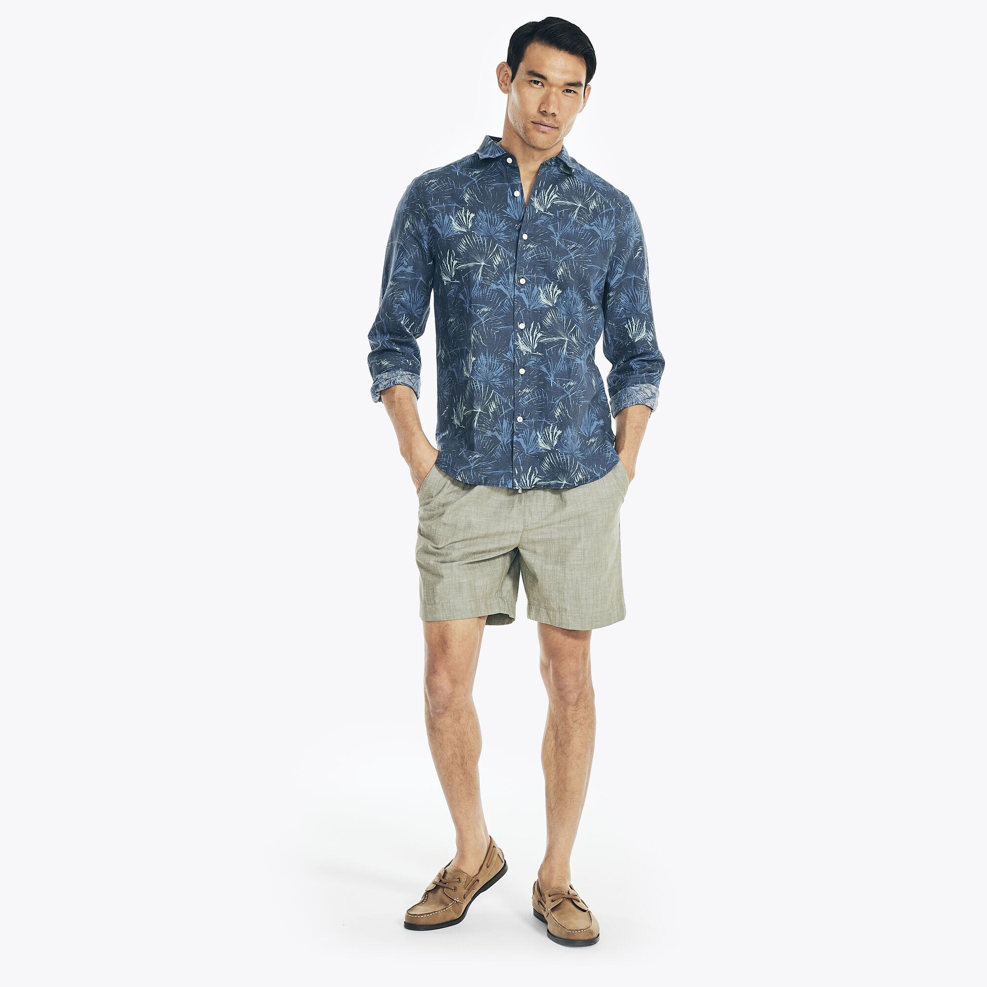 CLASSIC FIT PALM PRINT LINEN SHIRT,Lapis Blue,large