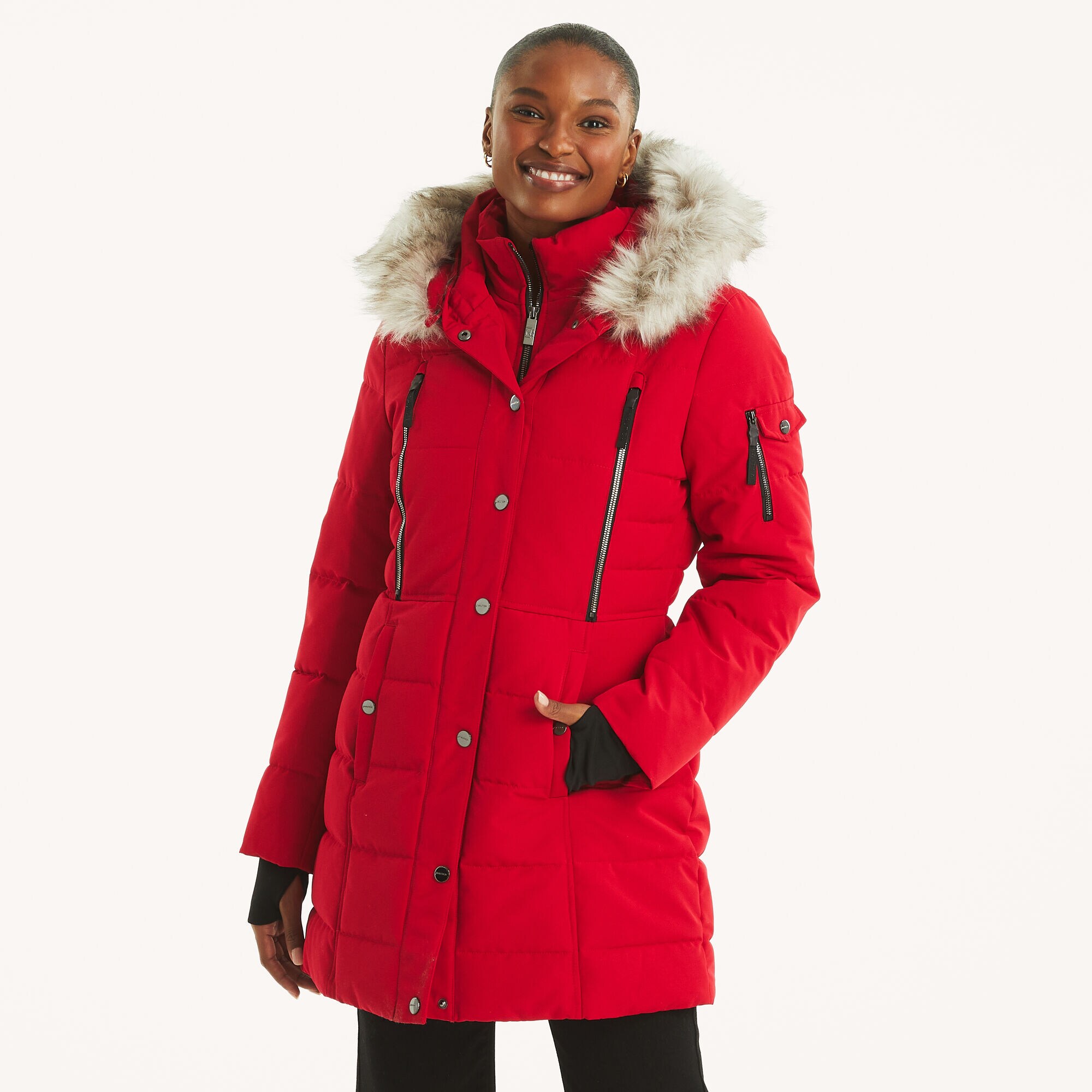 Faux Shearling Hood Puffer Jacket,Tomales Red,large