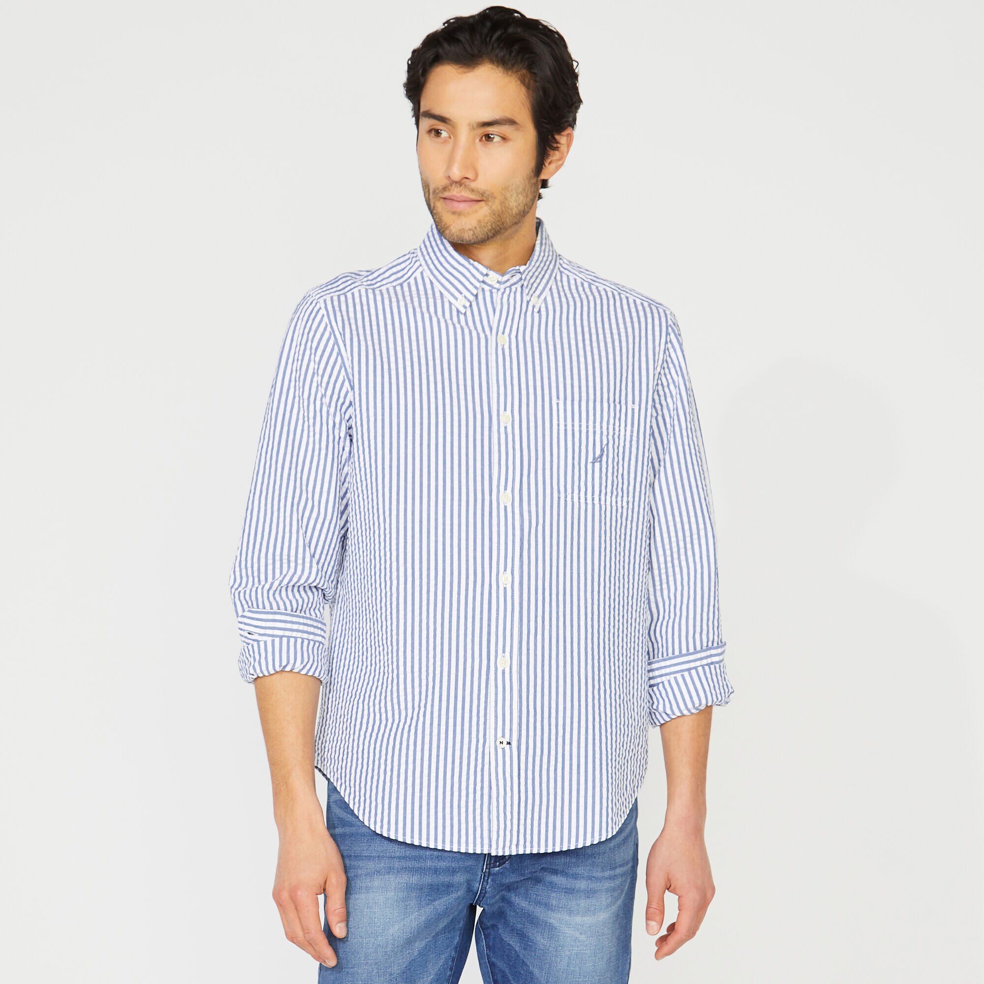 SEERSUCKER STRIPED SHIRT,Windsurf Blue,large