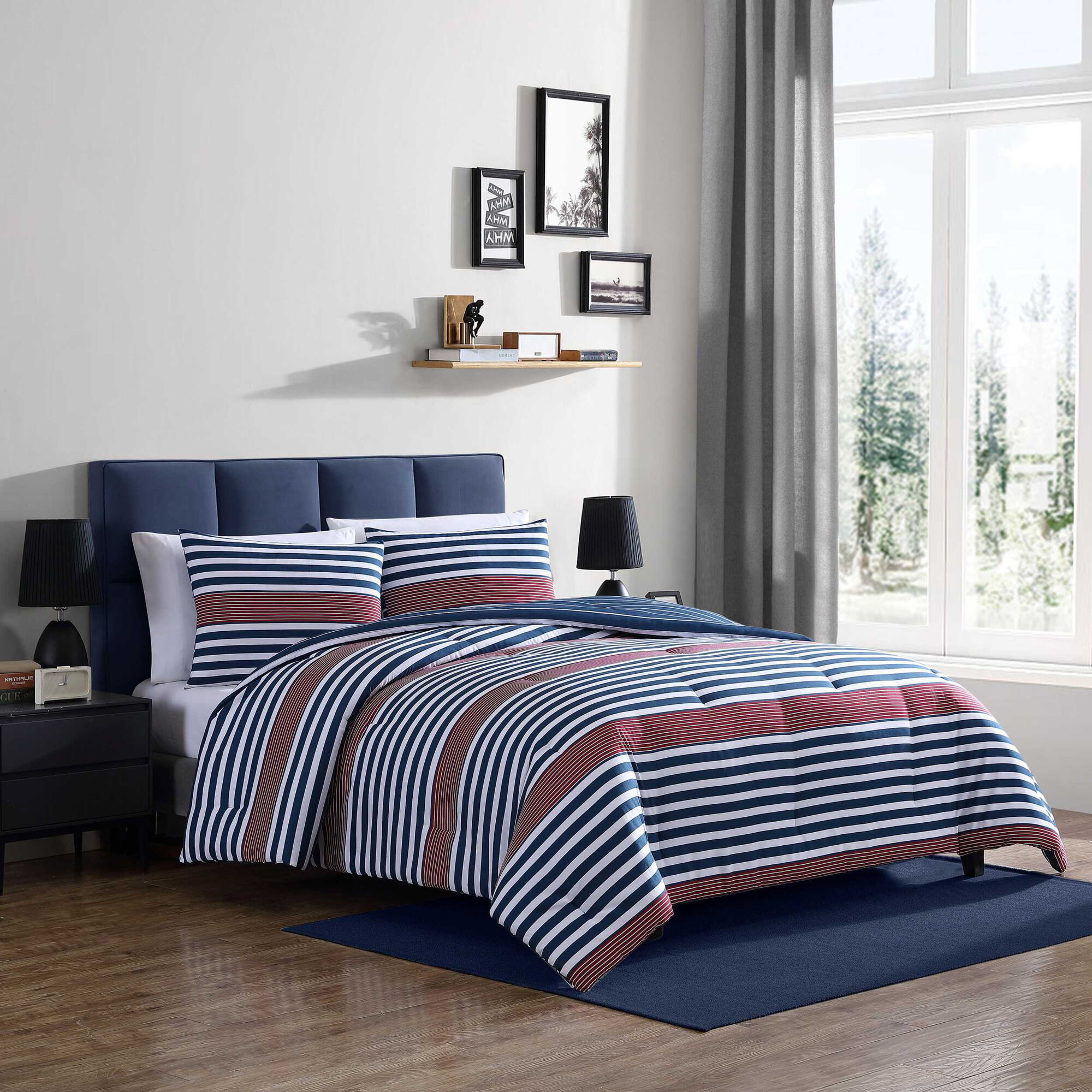 Kennedy Stripe Navy Full/Queen Comforter & Sham Set,Bali Bliss,large