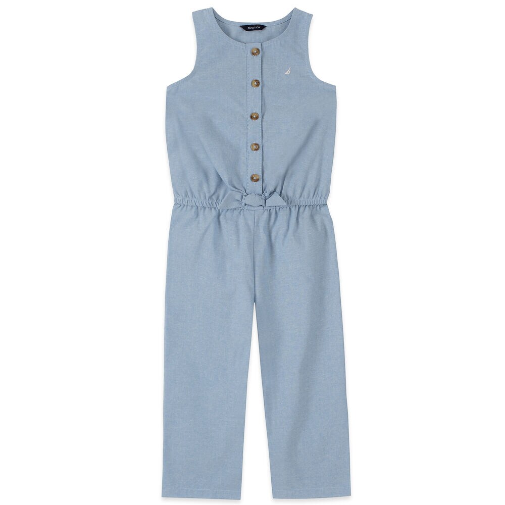 TODDLER GIRLS' CROPPED TIE-FRONT CHAMBRAY JUMPSUIT (2T-4T),Nite Sea Heather,large