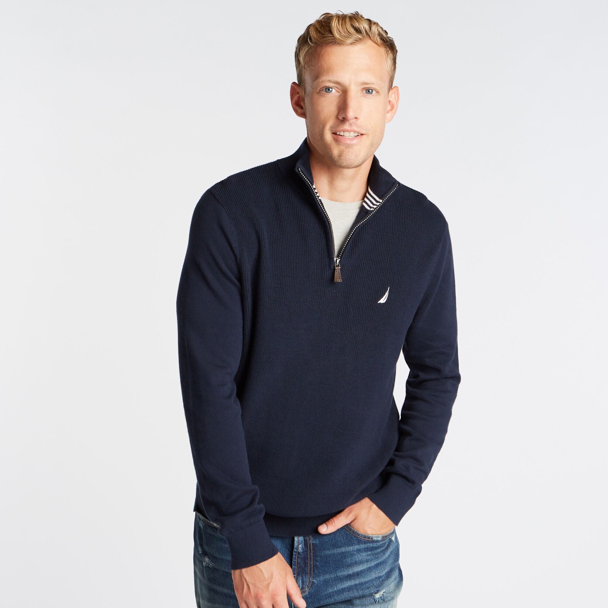 RIBBED-FRONT QUARTER-ZIP SWEATER,Navy,large
