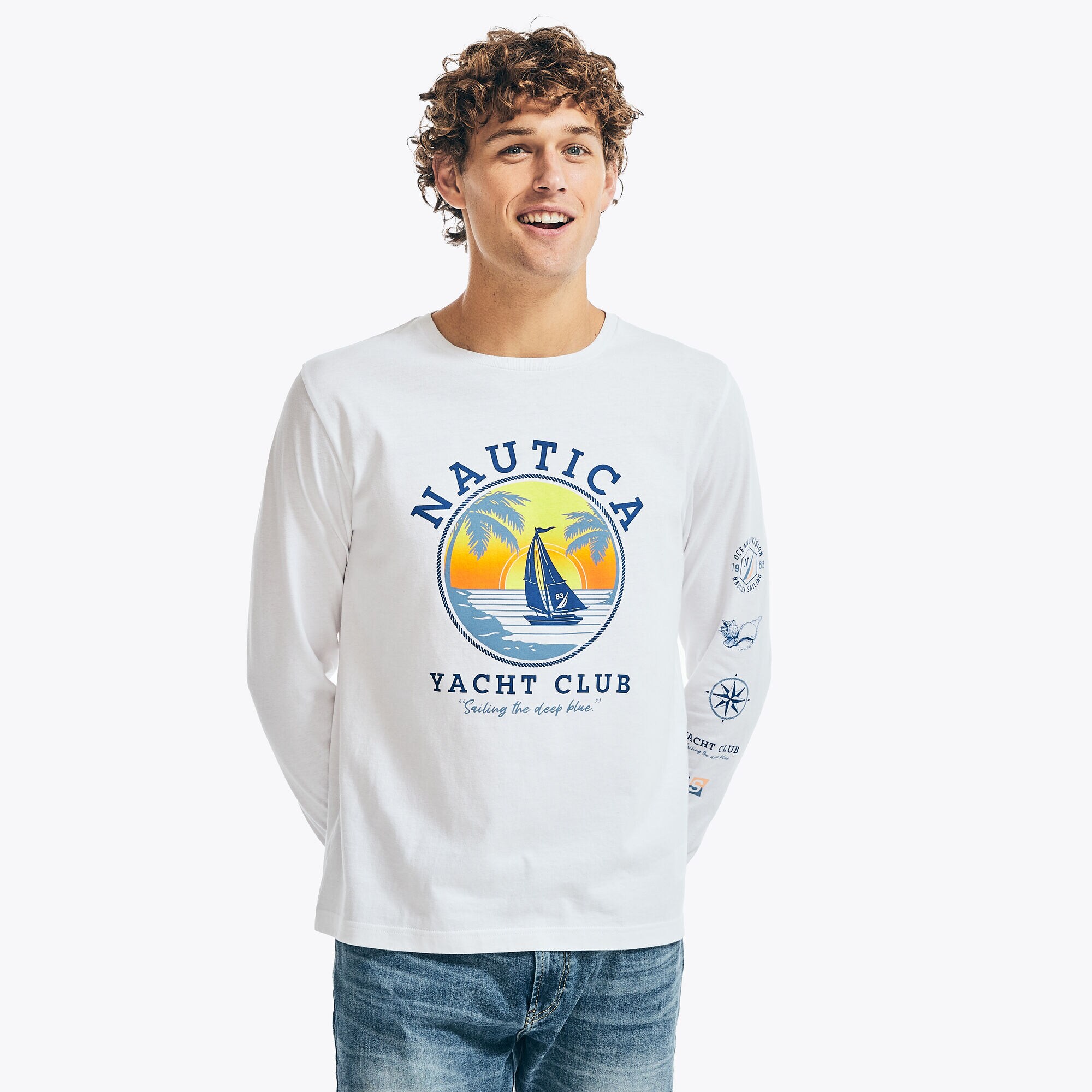 OCEAN VIBES GRAPHIC LONG-SLEEVE T-SHIRT,Bright White,large
