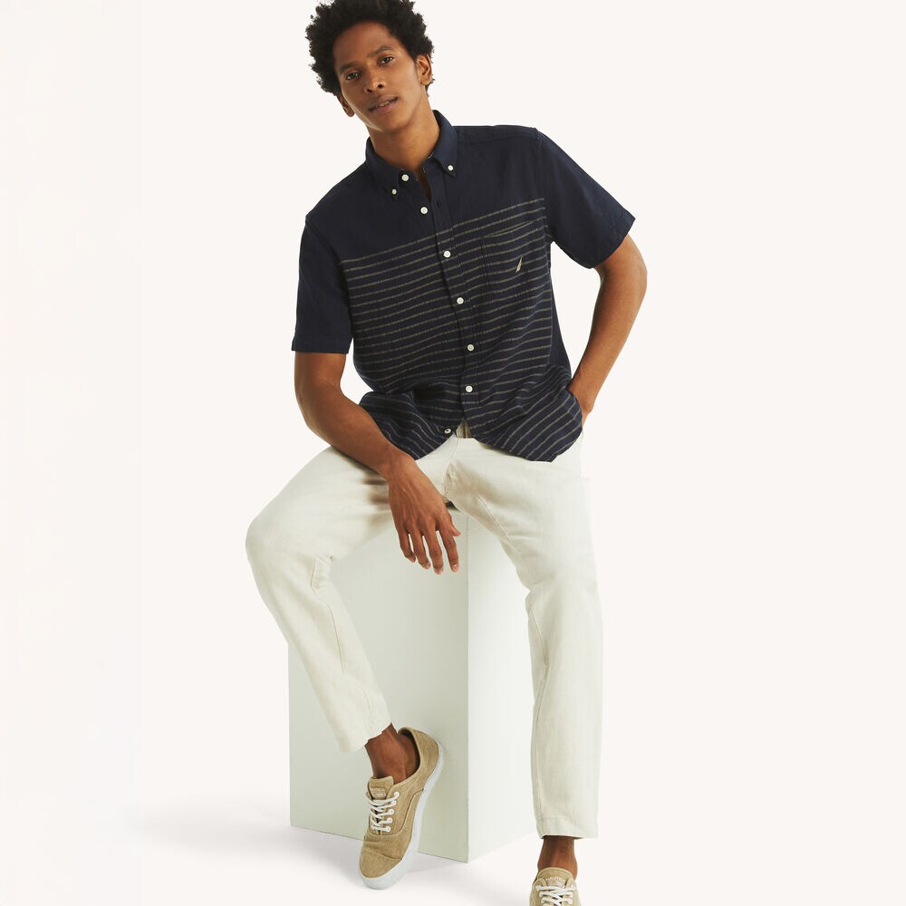 Striped Short-Sleeve Shirt,Stellar Blue Heather,large
