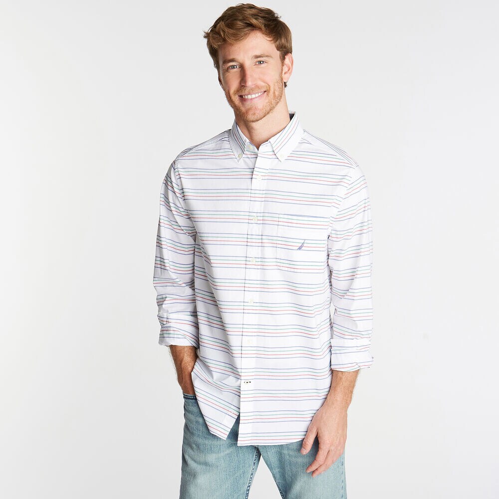 CLASSIC FIT STRETCH POPLIN SHIRT IN HORIZONTAL STRIPE,Bright White,large