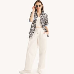 Printed Button-Up Shirt,Navy,large