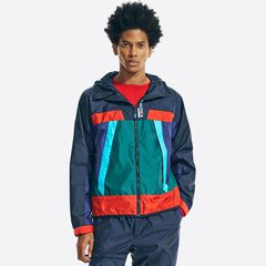 COLORBLOCK HOODED WINDBREAKER JACKET,Navy,large