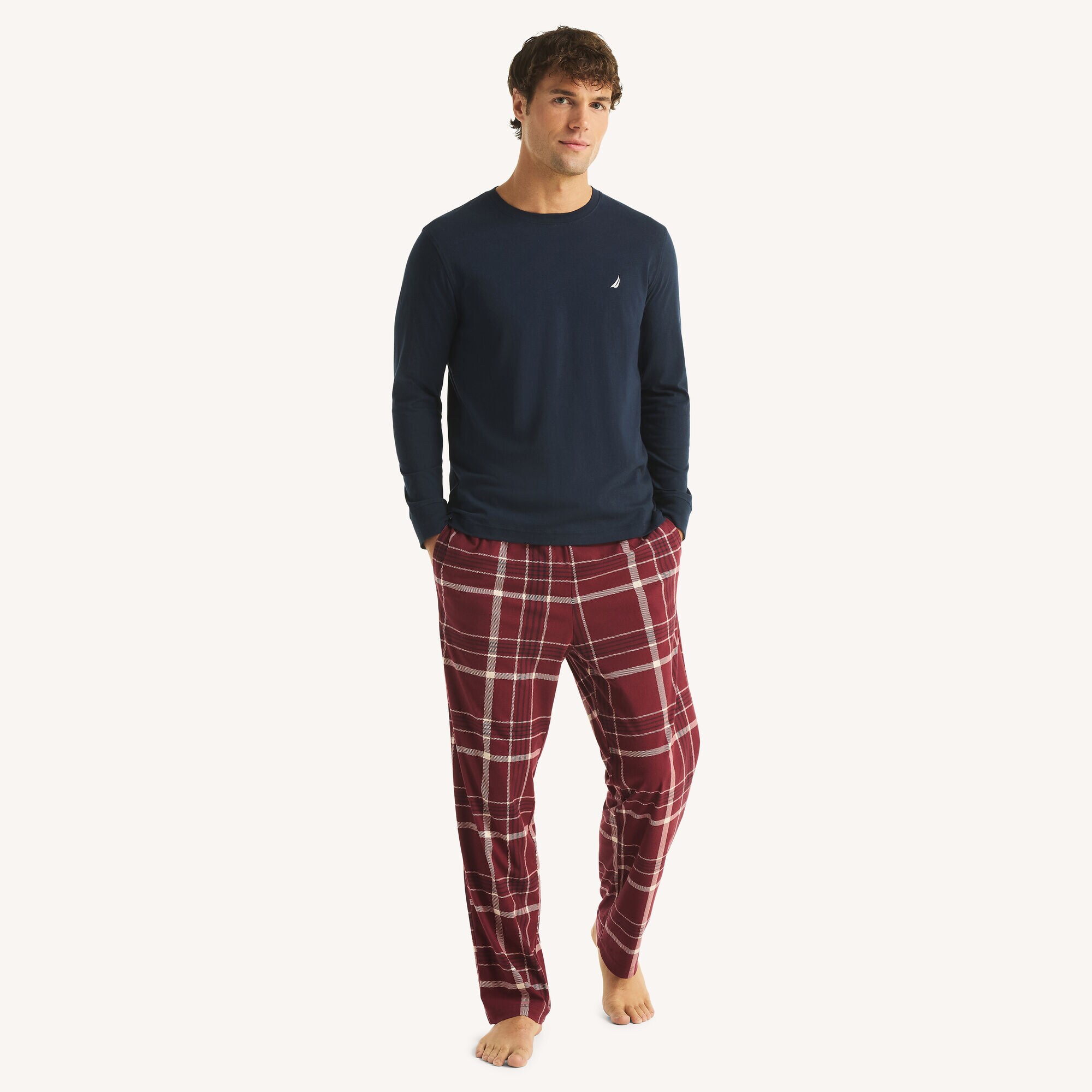 Long Sleeve T-Shirt & Plaid Fleece Pant Pajama Set,Navy,large