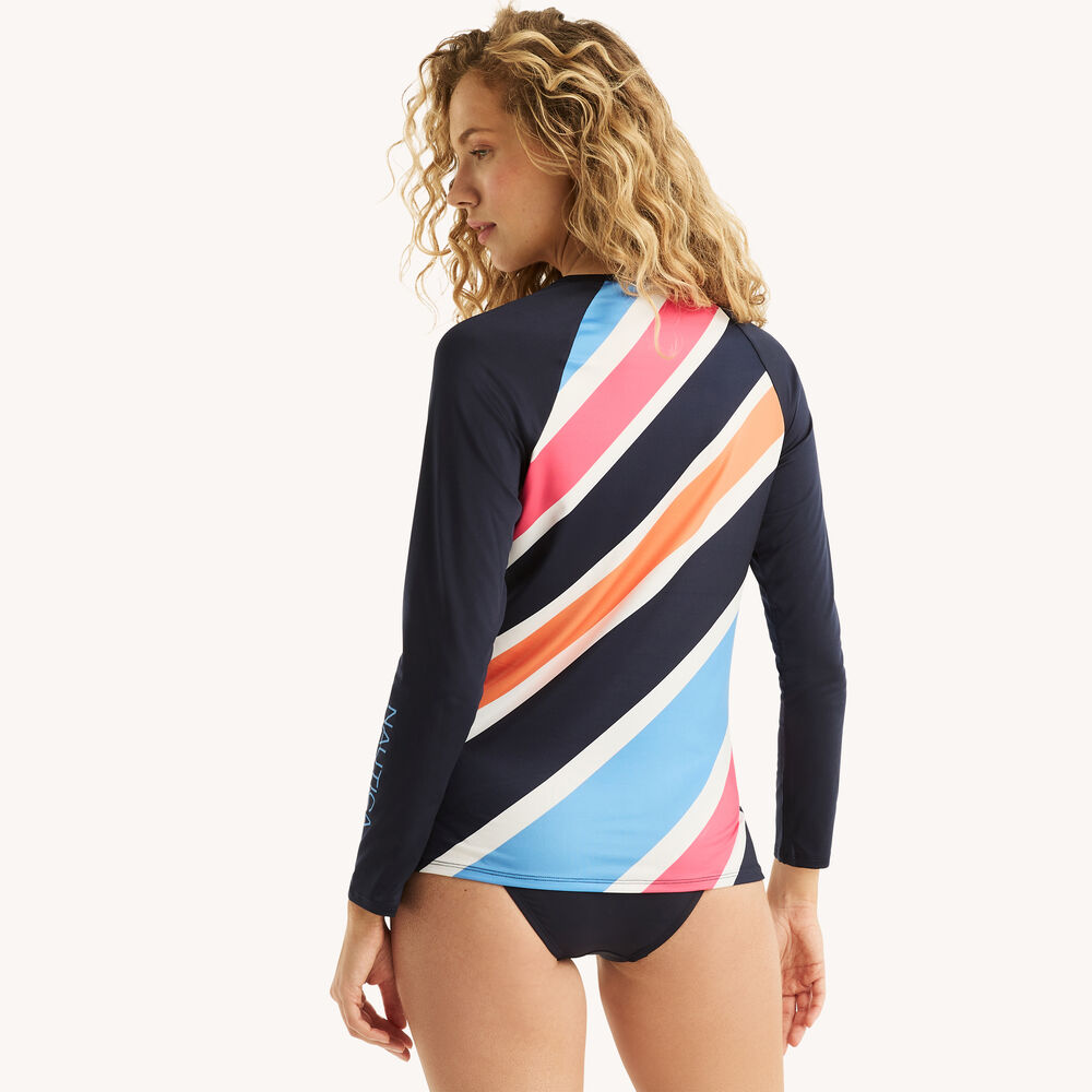 Striped Rash Guard Swim Shirt,Stellar Blue Heather,large