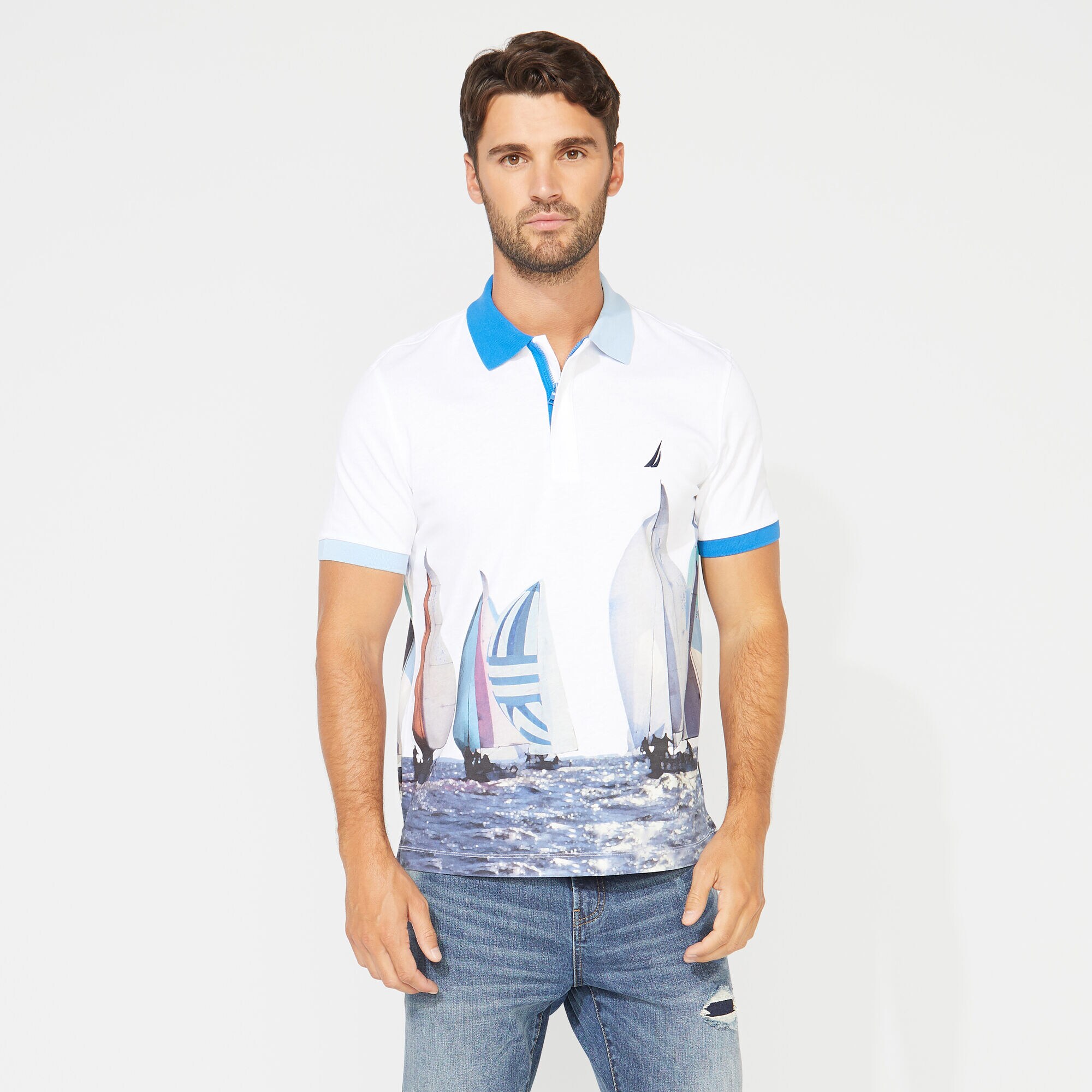 CLASSIC FIT NAUTICAL PRINT POLO,Bright White,large