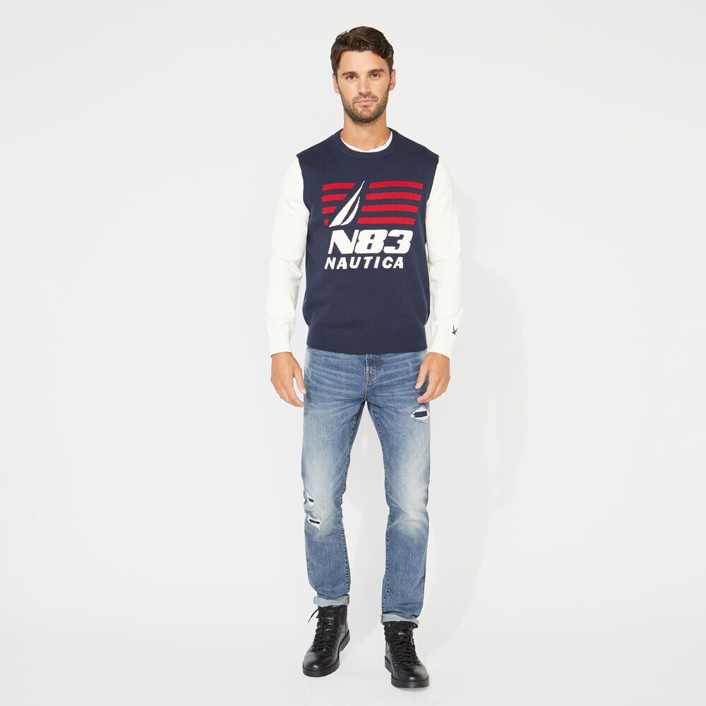 N83 COLORBLOCK GRAPHIC SWEATER,Navy,large