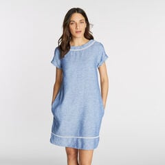 Short Sleeve Chambray Shift Dress,Deep Navy Heather,large