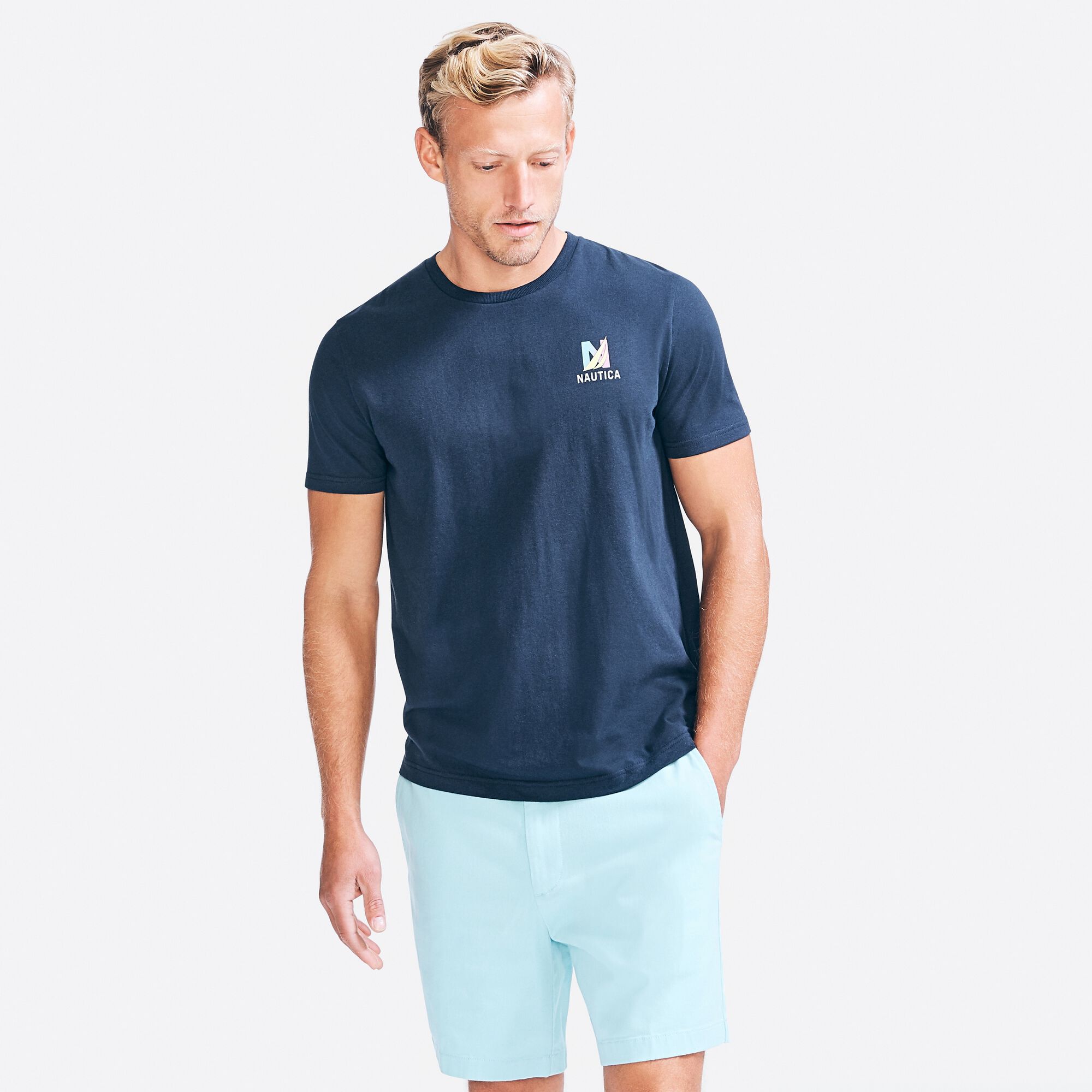 SUSTAINABLY CRAFTED GOOD VIBES GRAPHIC T-SHIRT,Navy,large