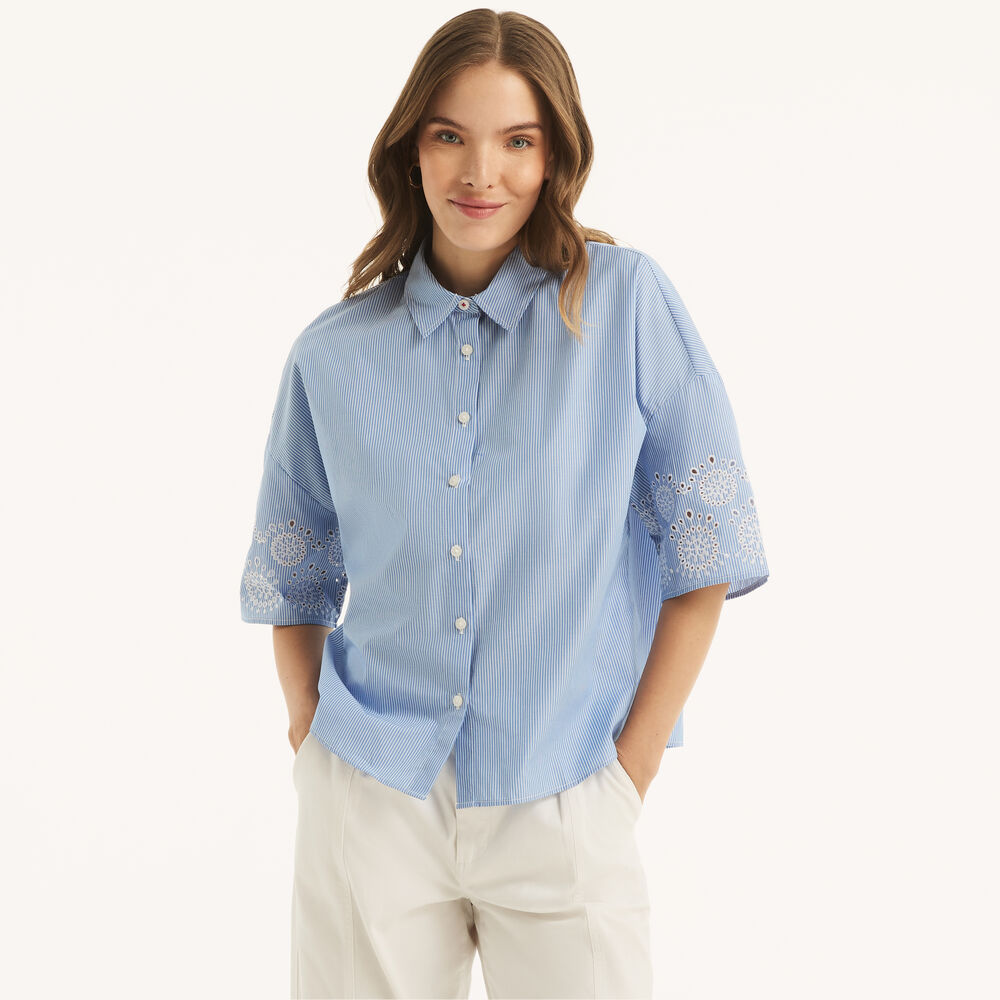 Embroidered Boxy Short-Sleeve Top,Tropic Wave,large