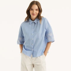 Embroidered Boxy Short-Sleeve Top,Tropic Wave,large