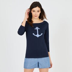 Long Sleeve Chambray Anchor Boatneck Top,Stellar Blue Heather,large