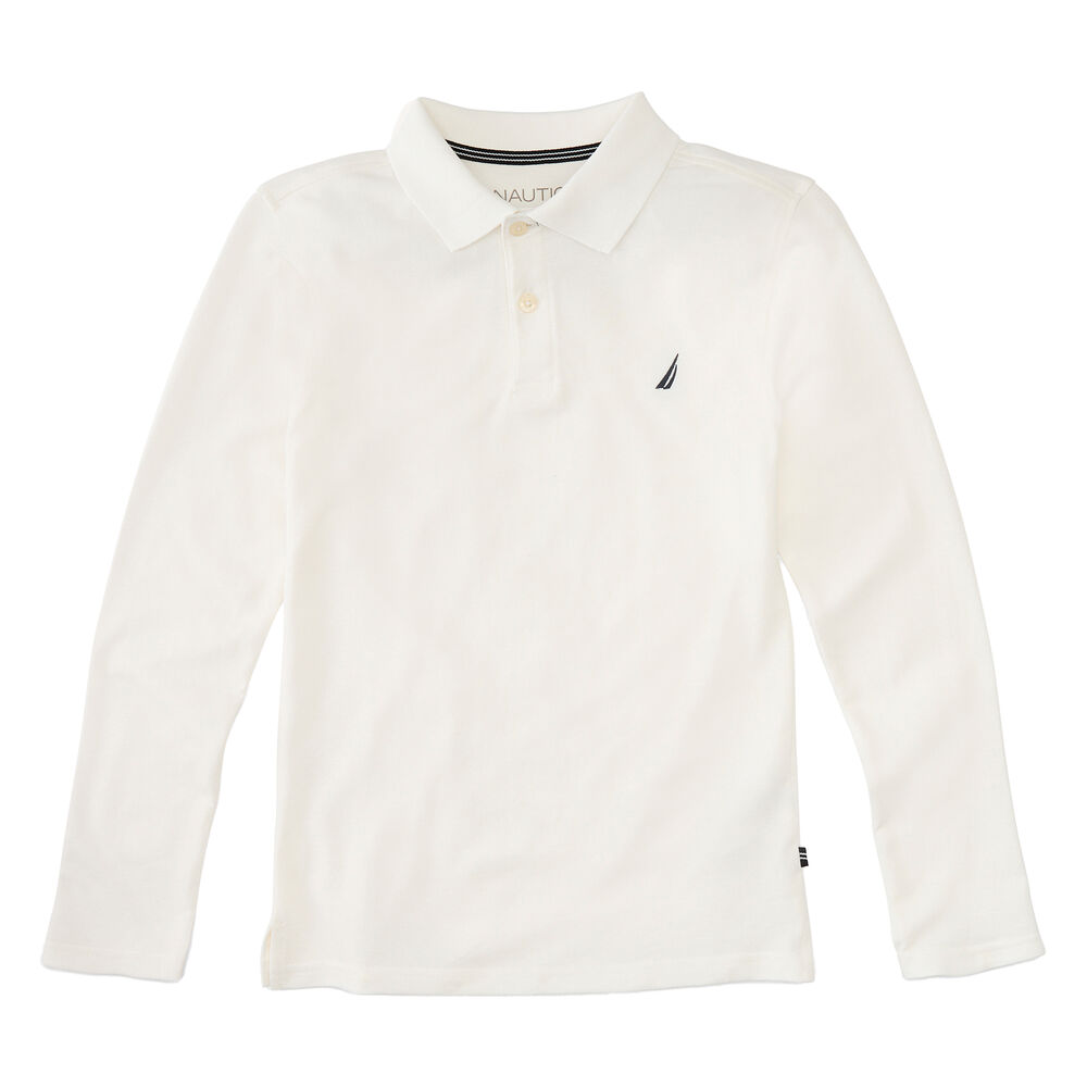 Boys' Solid Long Sleeve Polo (8-20),White,large
