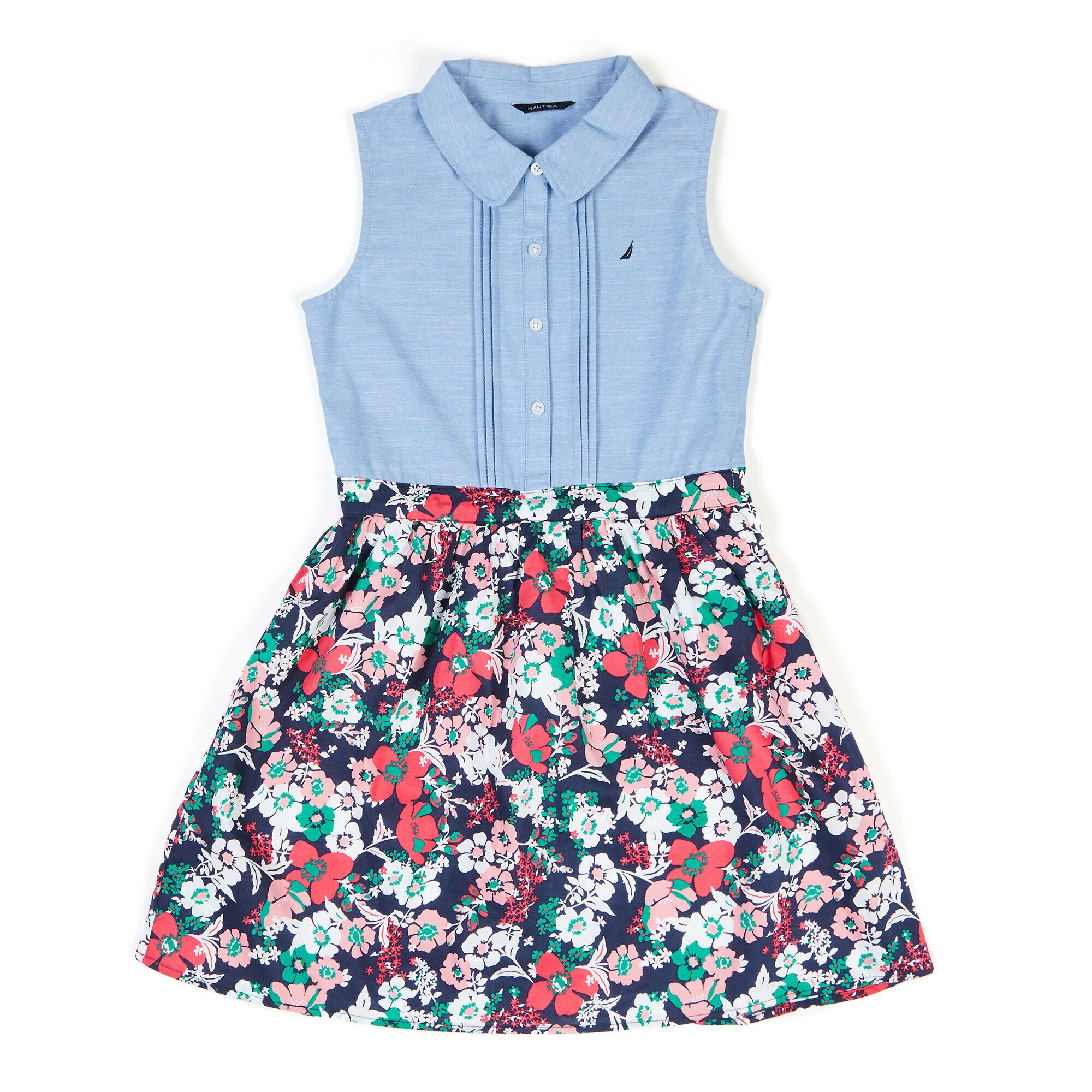 Toddler Girls' Chambray And Floral Dress (2T-4T),Bright Cobalt,large