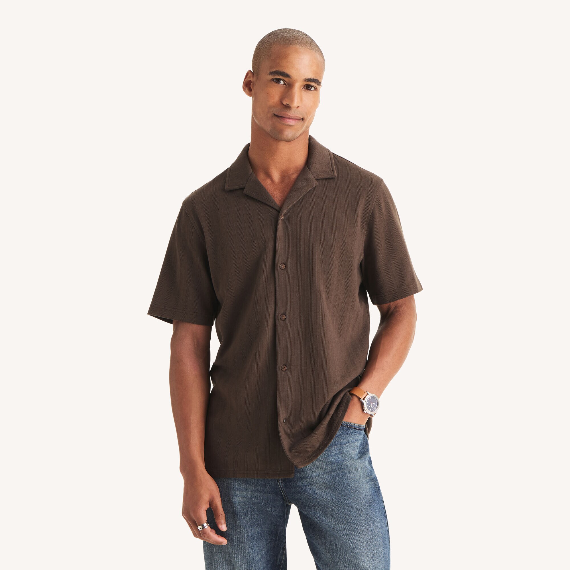 Button-Front Jacquard Polo,Cafe,large