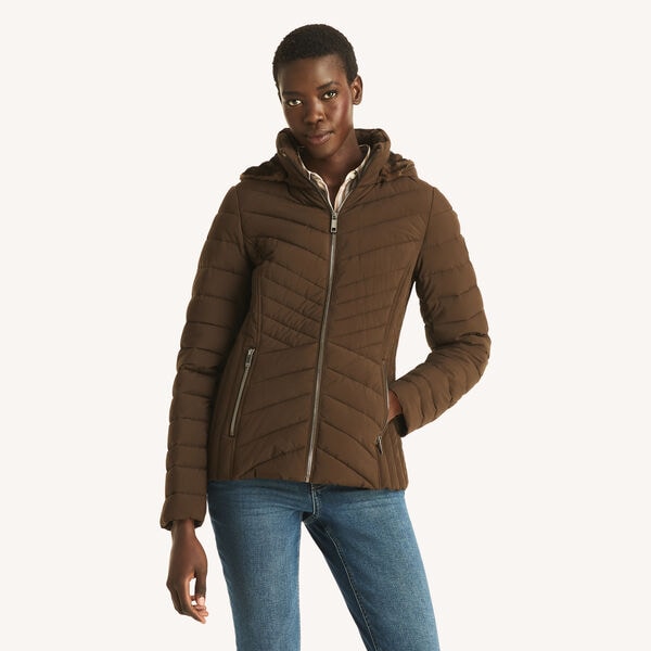 Short Hooded Jacket With Faux Fur Trim