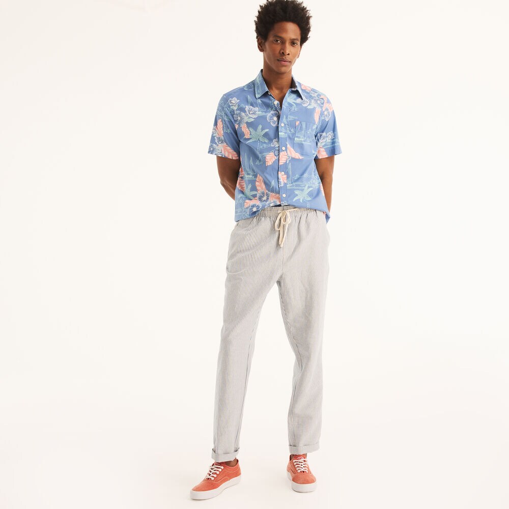 Printed Poplin Short-Sleeve Shirt,Dock Blue,large