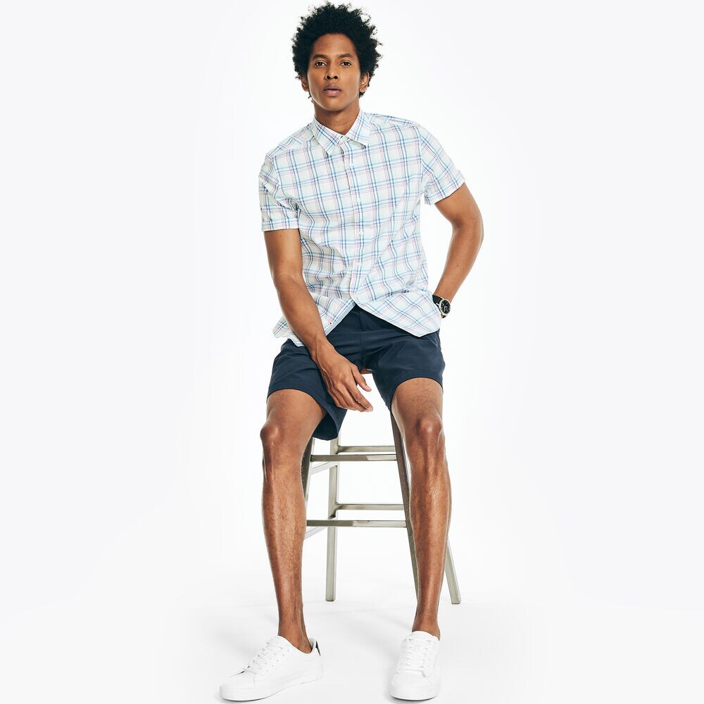 NAVTECH TRIM FIT PLAID SHORT-SLEEVE SHIRT,Bright White,large