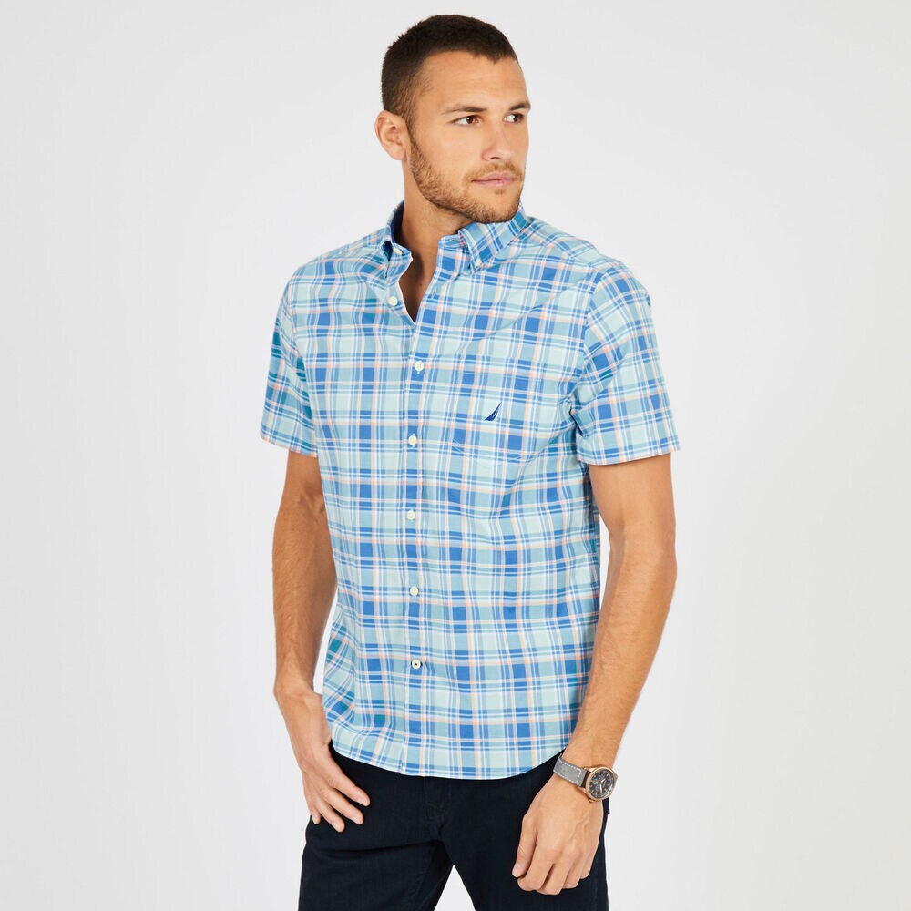 Breakwater Plaid Classic Fit Short Sleeve Shirt,Harbor Mist,large