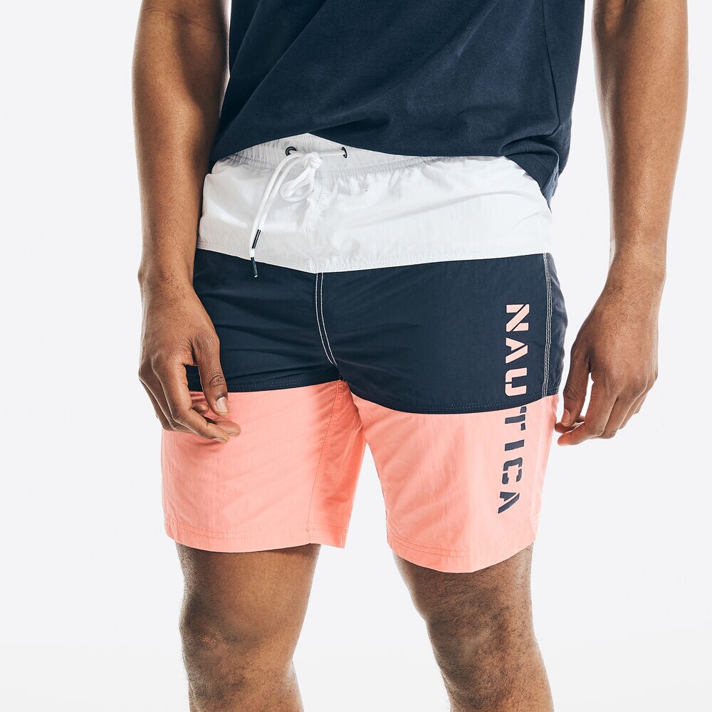8" COLORBLOCK LOGO PRINT SWIM SHORTS,Pale Coral,large