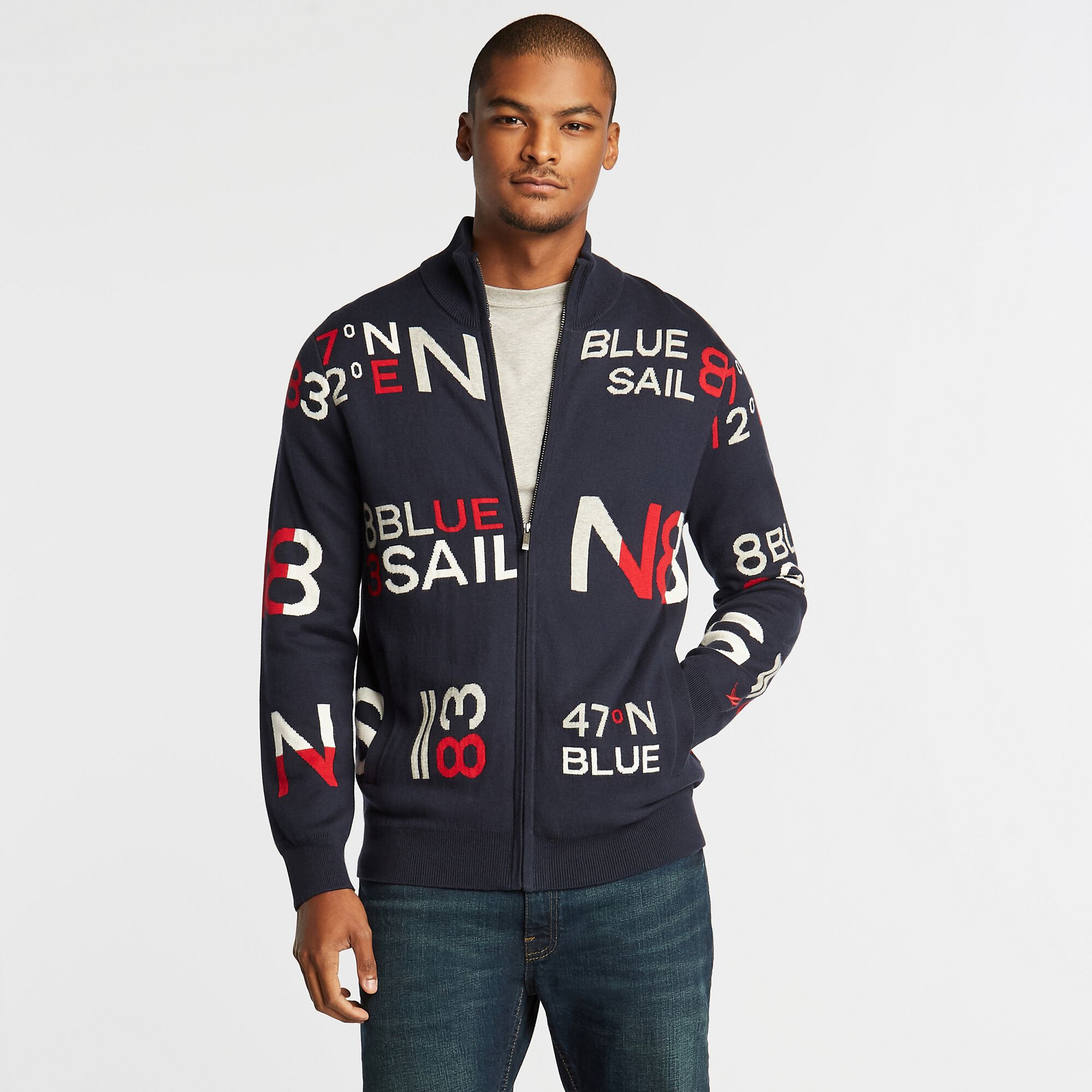 JACQUARD-KNIT FULL-ZIP SWEATER,Navy,large