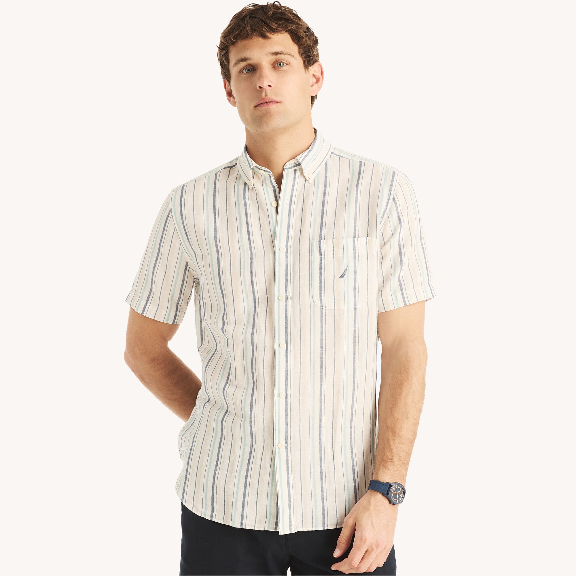 Striped Linen Short-Sleeve Shirt,Sail White,large