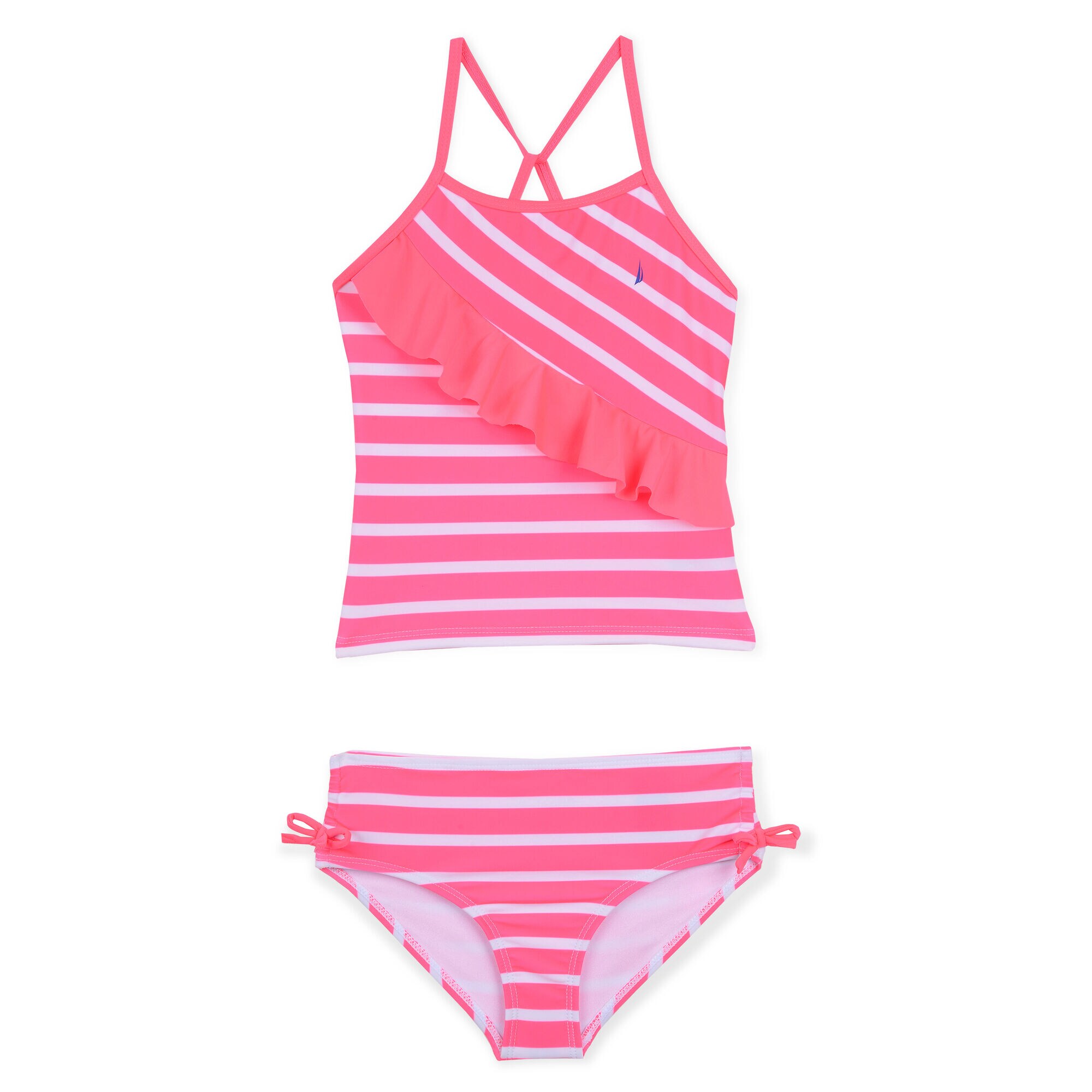 Girls' Flutter Tankini Swimsuit in Stripes,Salmon,large