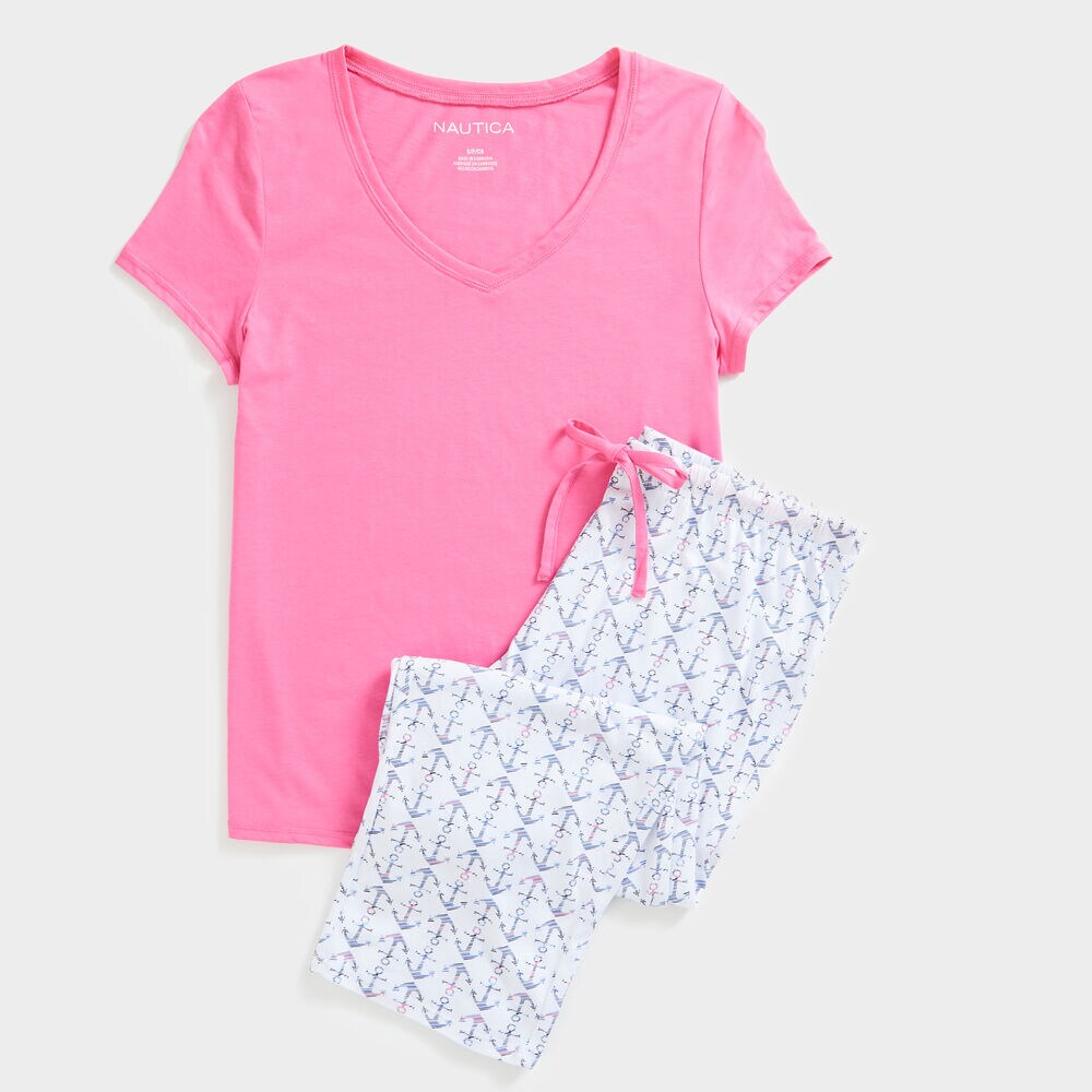 NAUTICAL PRINT SHORT SLEEVE CAPRI PAJAMA SET,Arctic White,large