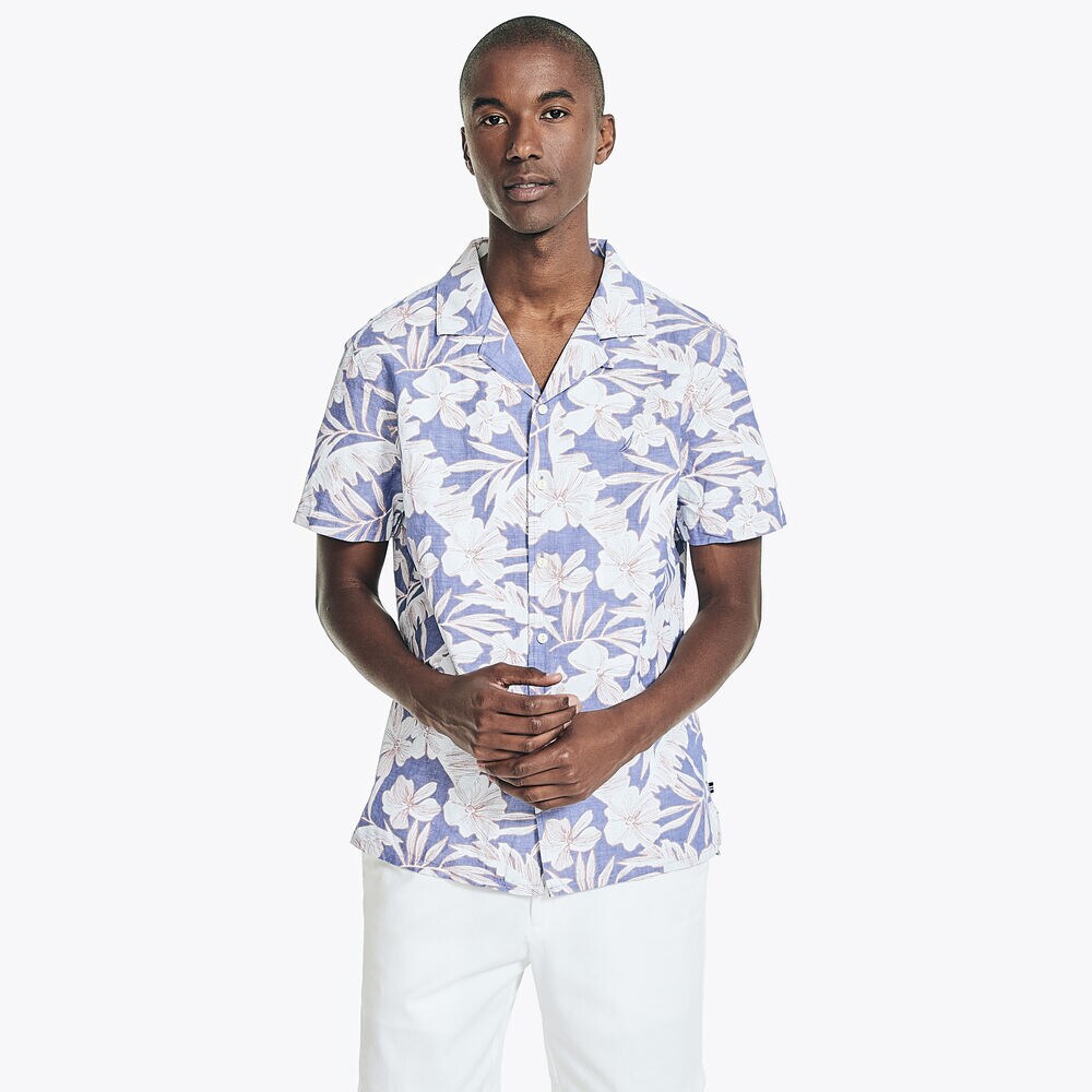PRINTED LINEN SHORT-SLEEVE CAMP SHIRT,Bolt Blue,large