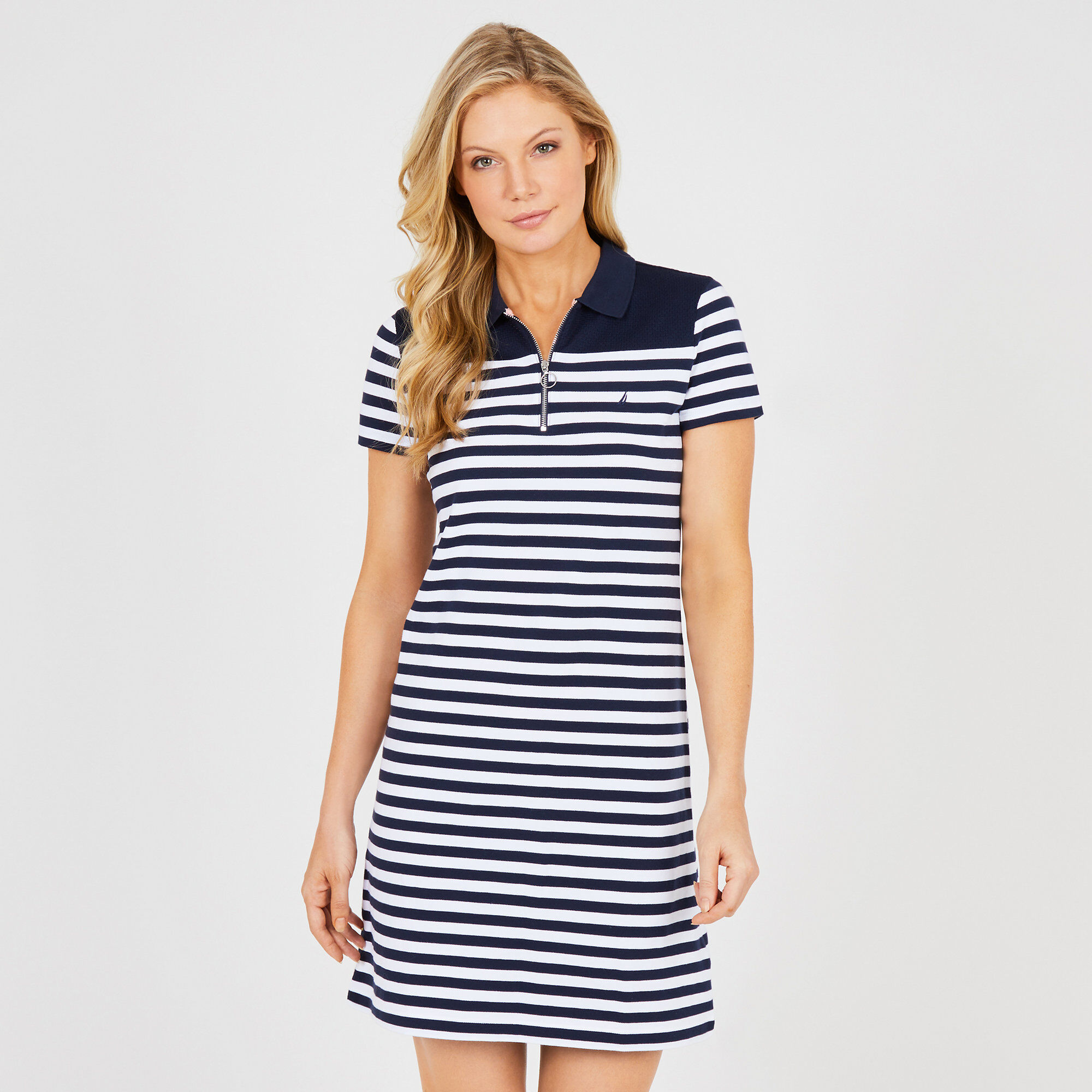 Short Sleeve Striped Polo Dress,Stellar Blue Heather,large