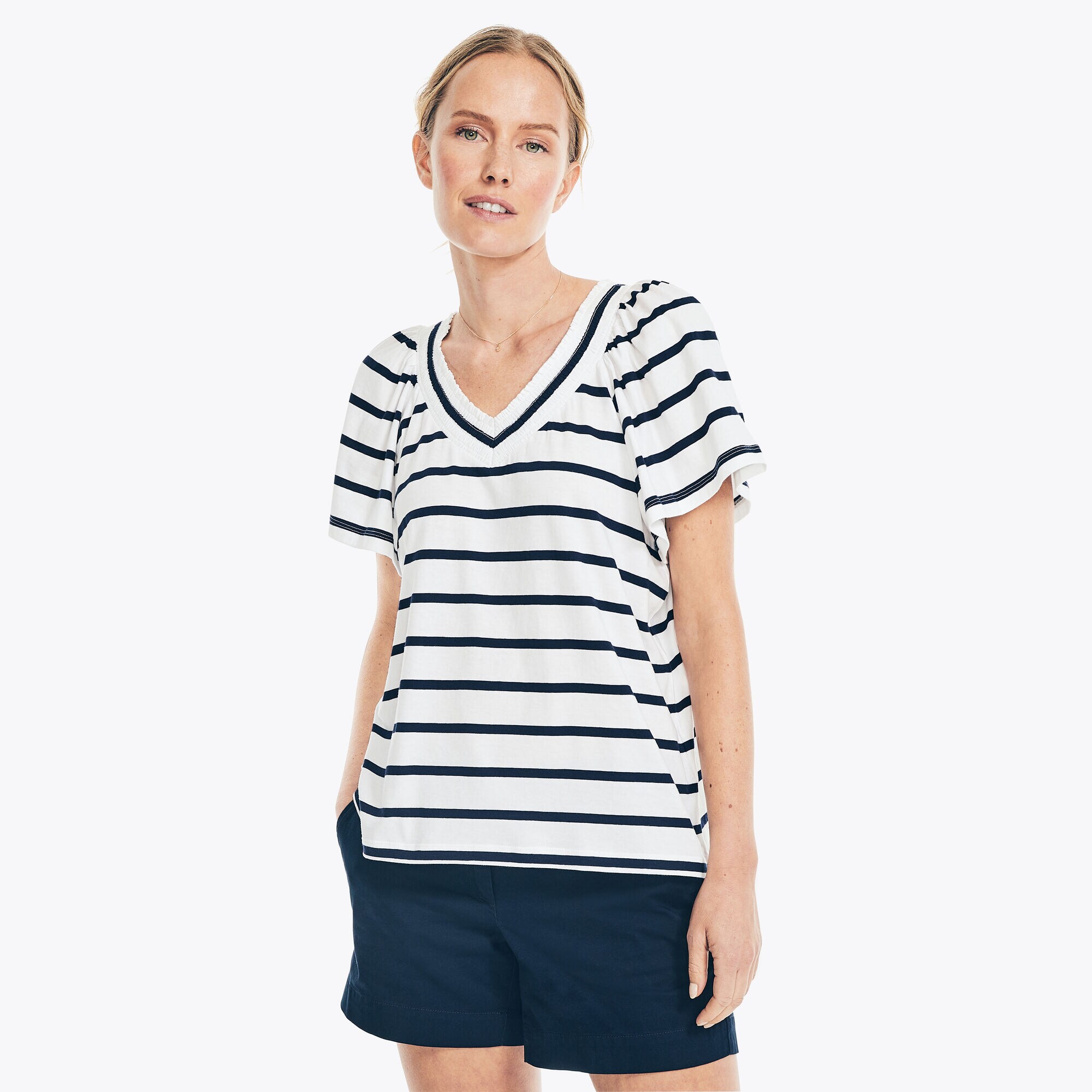 STRIPED SMOCKED TOP,Stellar Blue Heather,large