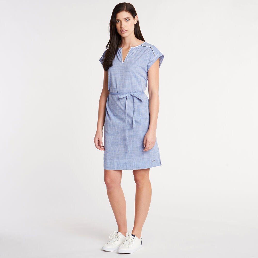 Embroidered Chambray Shift Dress,Deep Navy Heather,large