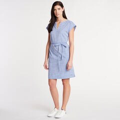 Embroidered Chambray Shift Dress,Deep Navy Heather,large