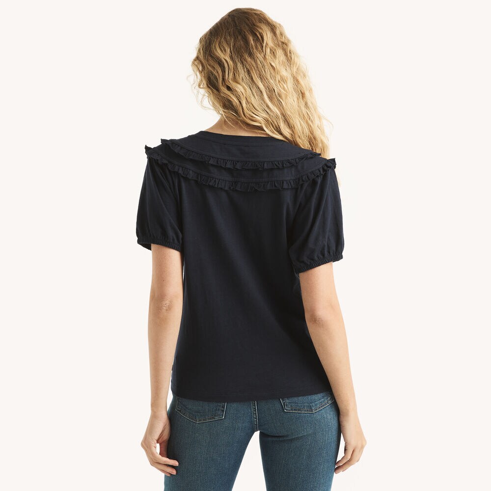 Ruffle-Neck Top,Navy,large