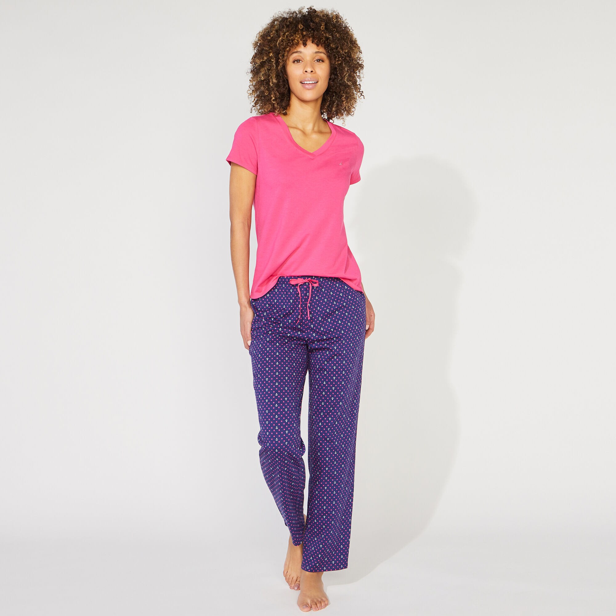 POLKA DOT PRINT SHORT SLEEVE PAJAMA SET,Navy,large