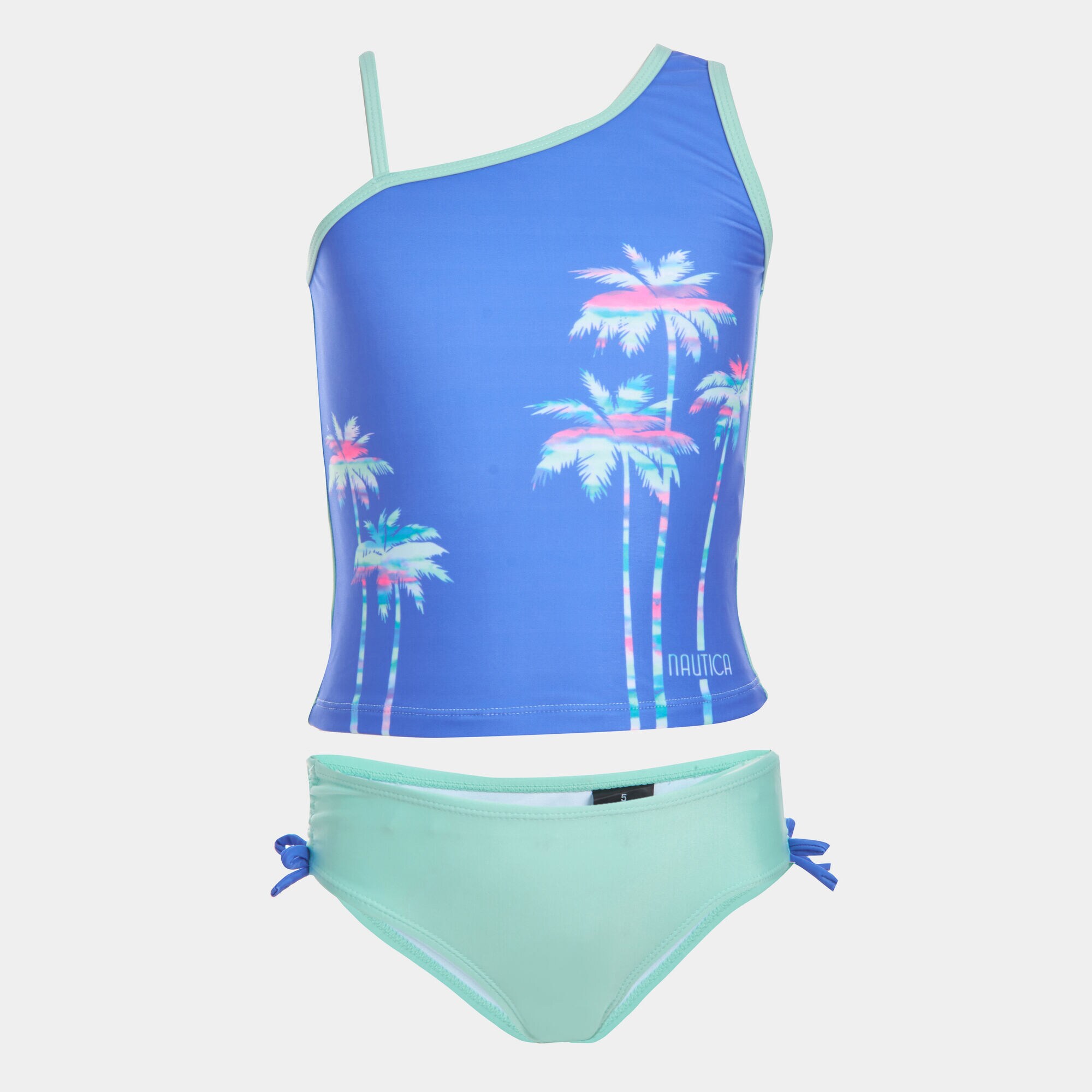 GIRLS' PALM TREE PRINTED TANKINI SWIMSUIT (8-20),South Beach Aqua,large