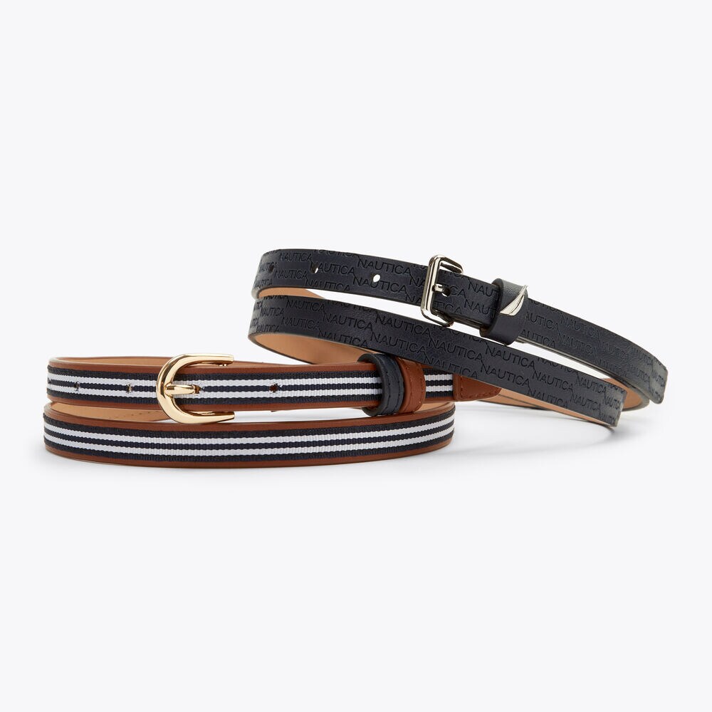 Skinny Leather Belt, 2-Pack,Charcoal Blue Heather,large
