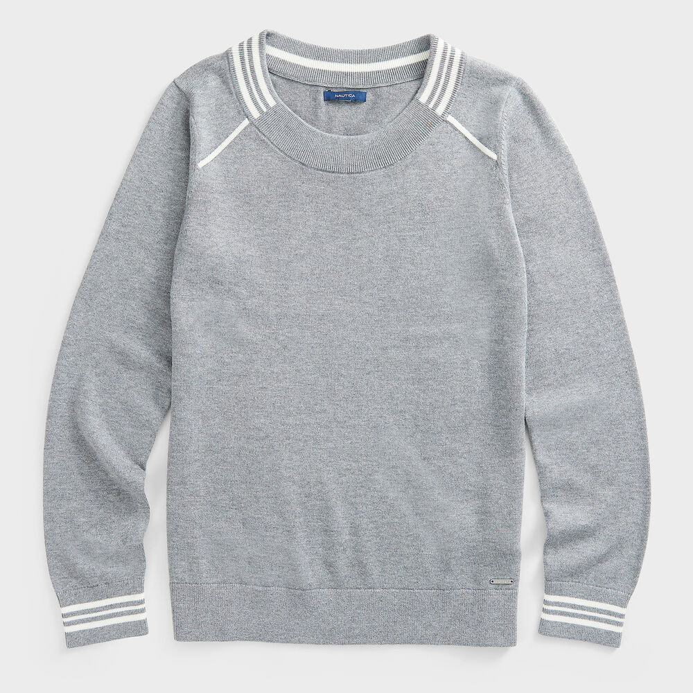 STRIPED-TRIM SWEATER,Quarry Heather,large