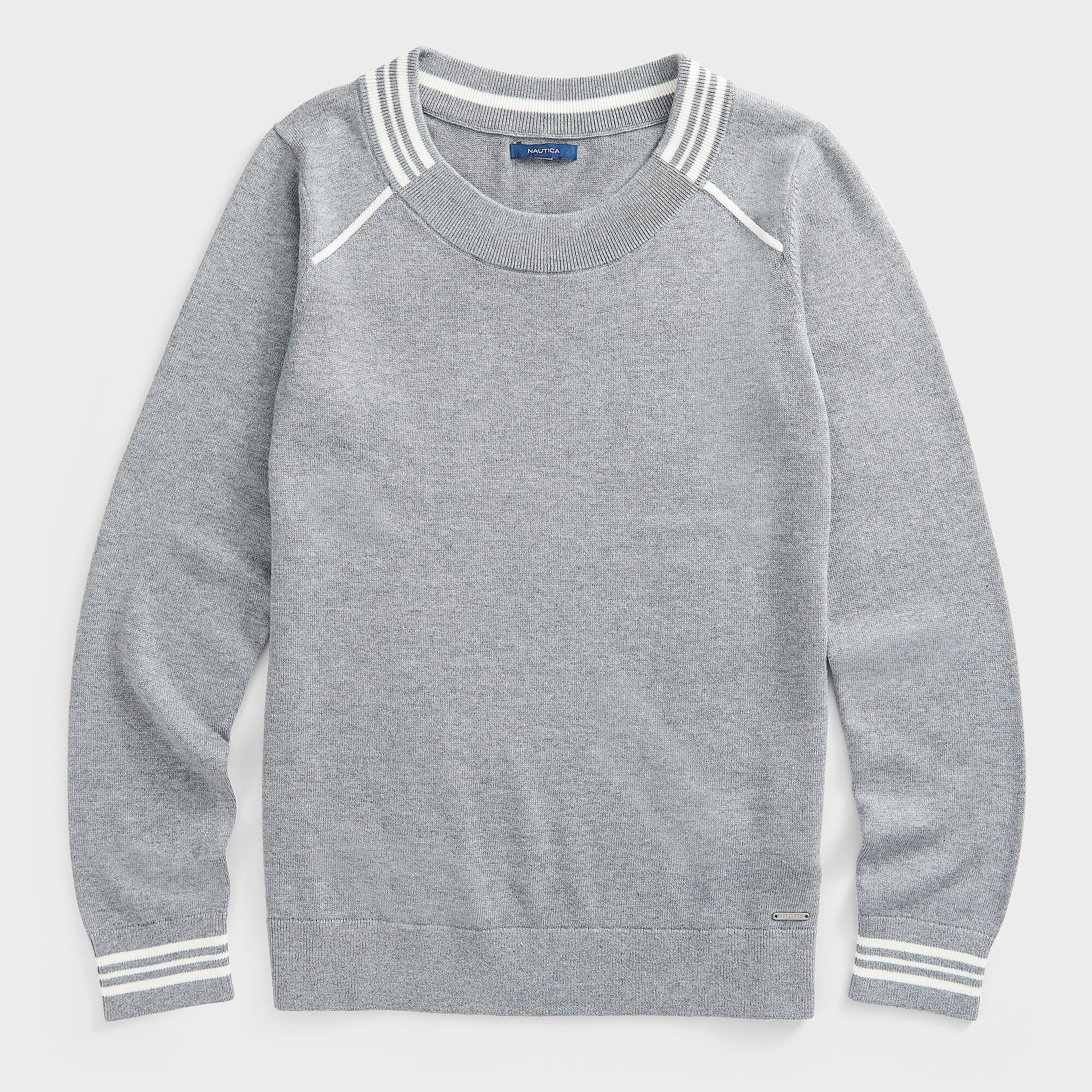 STRIPED-TRIM SWEATER,Quarry Heather,large